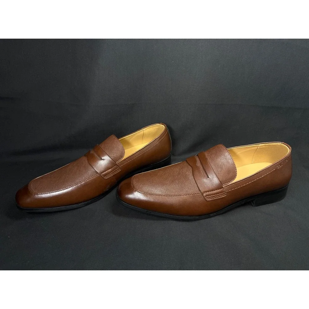 Calvin Klein Mens CMJUNBERG-R Brown Textured Penny Loafers Dress Shoes 10.5